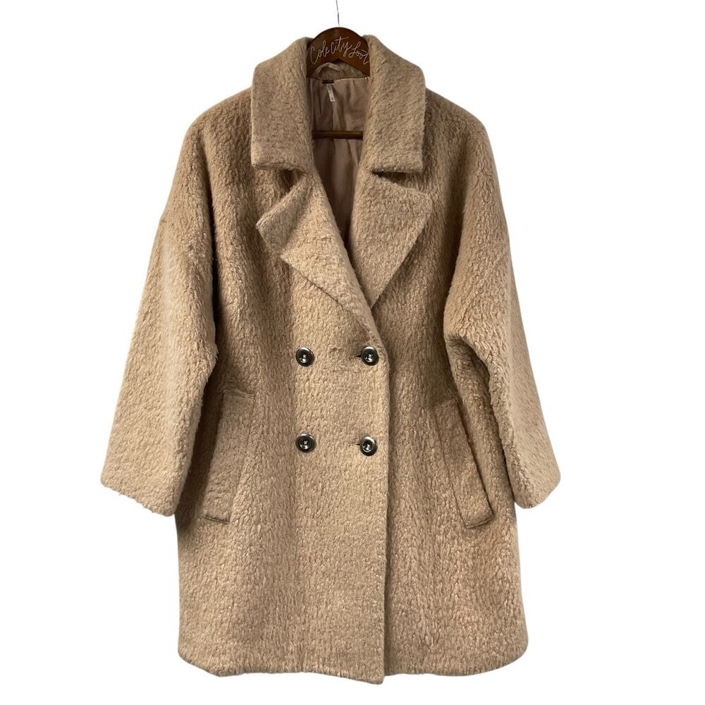 Free People Double Breasted Teddy Coat Medium Tan Jacket Plush Trench